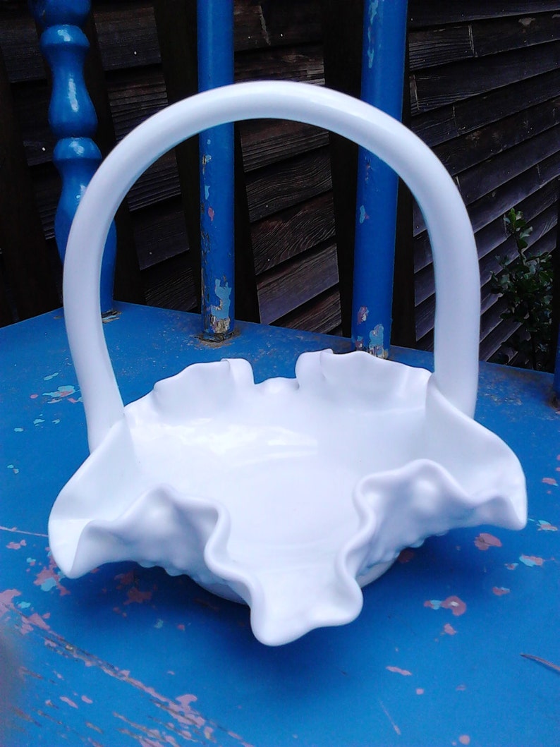 Vintage Fenton Milk Glass Basket With Ruffel Rim and Handle, Fruit