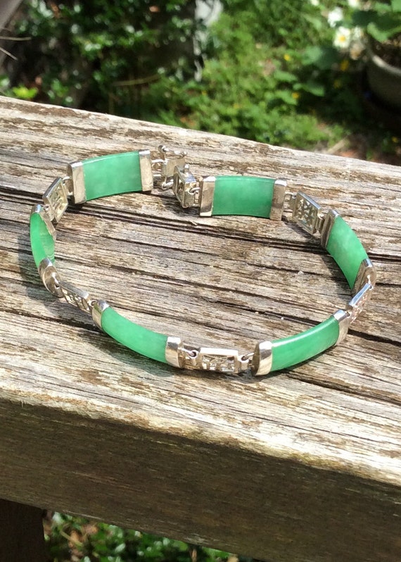 Vintage Jade  And Sterling Macaroni-Link Bracelet… - image 2
