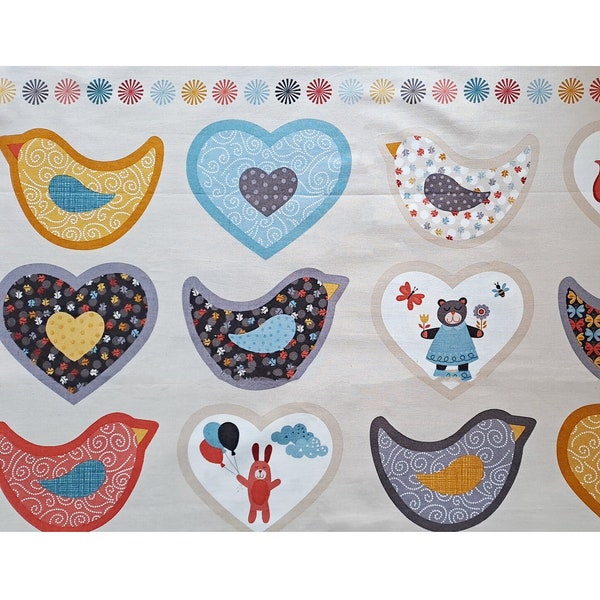 Panneau de tissu "cœurs et oiseaux" multicolores Makover