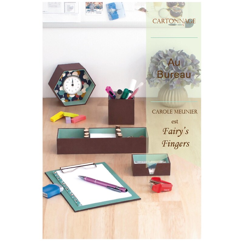May include: A brown and green desk organizer set with a clock, pen holder, and a tray. The set is labeled 'Au Bureau' and 'Fairy's Fingers'.