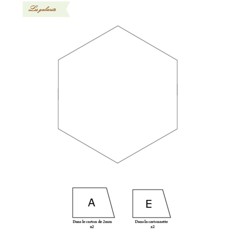 May include: A black and white line drawing of a hexagon. Below the hexagon are two trapezoids, one labeled 'A' and the other labeled 'E'. The text below the trapezoids reads 'Dans le carton de 2mm x2' and 'Dans la cartonnette x2'.