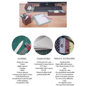 May include: A collage of images showing materials and supplies needed to make a craft project. The first image shows a green cutting mat with a bone folder and a ruler. The second image shows a stack of white and gray cardstock. The third image shows a variety of fabrics, including blue, brown, and floral patterns. The text below the images reads: 'MATÉRIEL - Plaque de coupe - Cutter - Règle, équerre - Compas - Plioir - Crayon, gomme - Ciseaux pour papier et tissu - Colle blanche pour encadrement et pinceau plat - Colle vinylique - Un pistolet à colle', 'FOURNITURES - Carton gris de 2 mm - Cartonnette (carton bois de 0,75 mm) - Carte bulle (type Canson 270 g) - Bande de papier kraft gommé préencollé', 'TISSUS & ACCESSOIRES - Similicuir bleu - Papier effet toile marron - Une chute de tissu (15 x15 cm) - Ficelle de 1 mm - Une pendulette encastrable de ø 6,5 cm (mouvement quartz à encastrer chez par ex. www.venus-diffusion.com) - Un Clip Bloc-Note - Des morceaux de branche'.