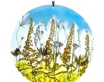 Hanging terrarium with natural flowers in resin, diorama, dream catcher, mimosa, goldenrod. Can hang on the wall or in the window.