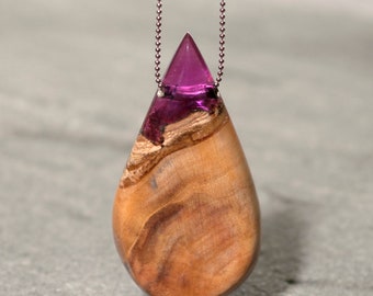 Necklace wood in violet resin, wood, resin, resin necklace, for women, pendant with walnut wood