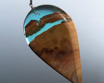 Necklace wood in turquoise resin, necklace wood, resin necklace, original pendant, for women, big jewellery, only one