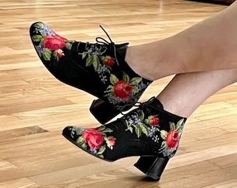 Hand-Embroidered Floral Ankle Boots, European Retro Style