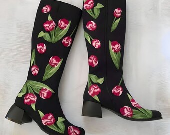 Embroidered Tulip Knee High Boots: L'Artiste Style, Full Leather Inside