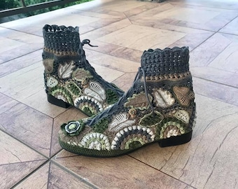 Irish Crochet Lace Boots, Vintage Romantic Style, Leather Base