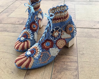 Handmade Irish Lace Crochet Boots, Romantic Vintage Style, 4cm Heel