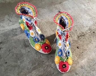 Women's boots poppies Irish crochet