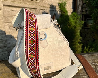 Red and White Leather Belt with Embroidery,fashionable leather bag belt, women's waist belt.