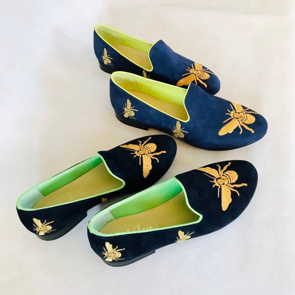 Exquisite Embroidered Bee Motif Suede Loafers