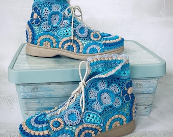 Crocheted Irish Lace Booties, Romantic Blue, Leather Sole