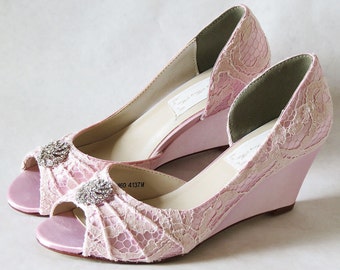 ALICIA Collection - WeDDING WEDGES -Baby-Pink Satin Shoes with Pink Overlay Lace - Rhinestone Crystals Embellishment - Sz 8 ONLY