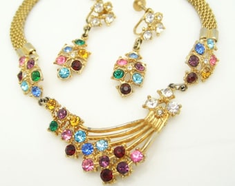 Vintage Rhinestone Necklace Earrings Set Mid Century Retro Mesh Red Blue Purple Pink Yellow