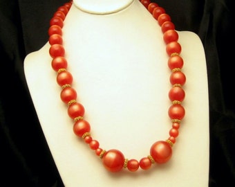 Vintage Necklace Mid Century Large Orange Lucite Moonglow Beads 25 inches Long