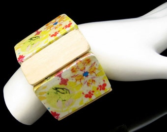 Vintage Painted Wood Panels Bracelet Mid Century Extra Wide Stretch Yellow Red Small Wrist