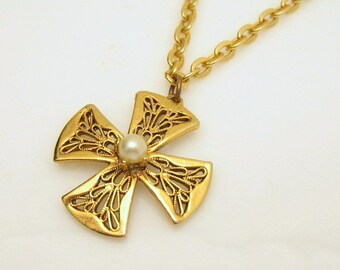 Vintage Maltese Cross Faux Pearl Pendant Necklace Mid Century Pretty Filigree Design