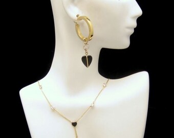 14K Gold Onyx Hearts Vintage Necklace Pierced Earrings Crystals CZs Glamorous Set