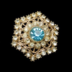 Vintage Rhinestone Snowflake Brooch Pin Mid Century Aqua Glass Pretty Hexagon image 1