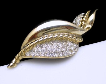 GEM CRAFT Vintage Brooch Pin Mid Century Rhinestones Extra Large Curved Leaf