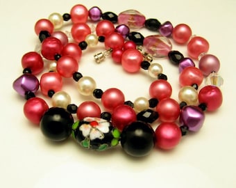 Vintage Necklace Mid Century Cloisonne Crystal Glass Acrylic Beads Pink Black Long Chunky