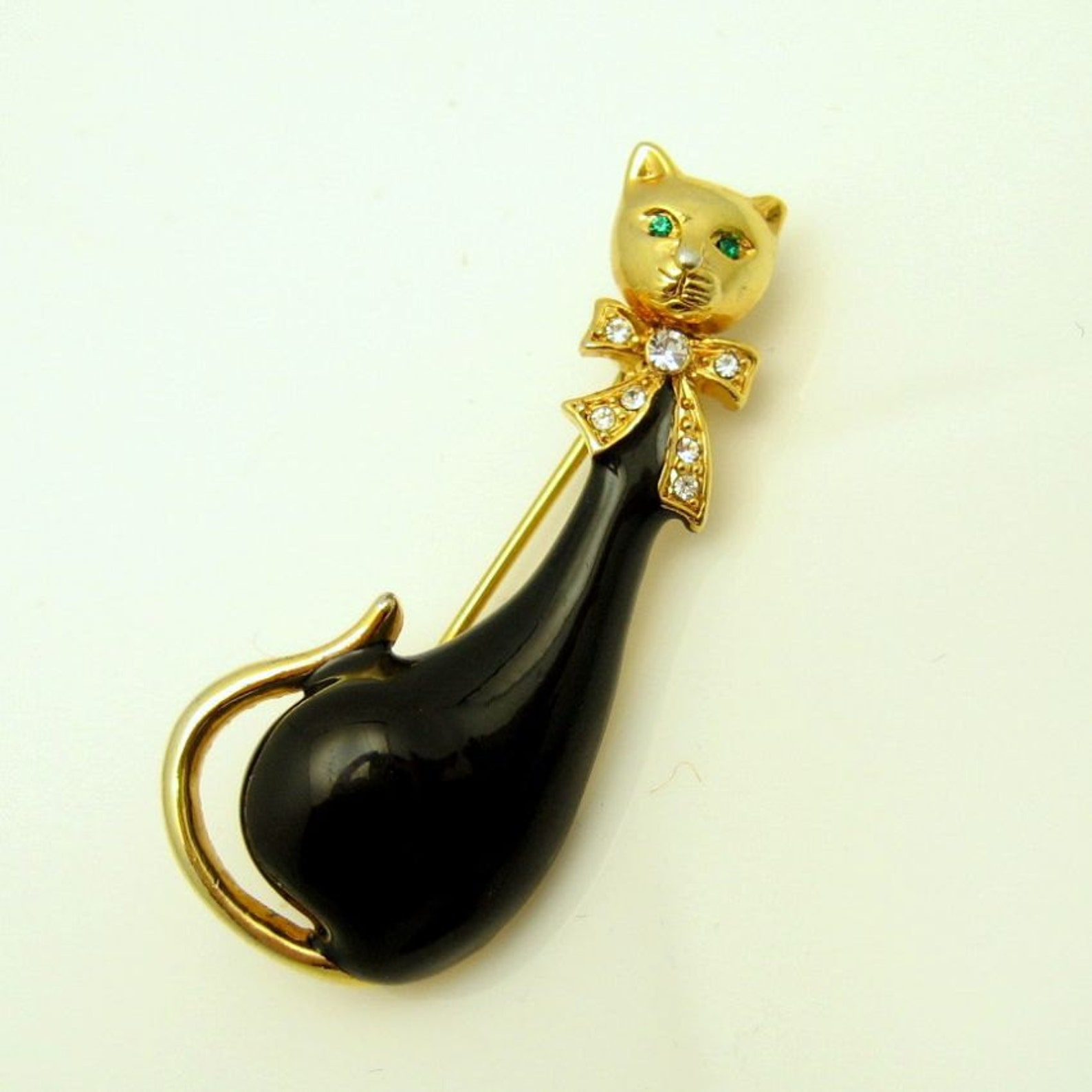 Vintage Siamese Cat Brooch Pin Mid Century Black Enamel Rhinestones ...