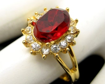 Bague Vintage En Plaqué Or Avec Pierre En Verre Rouge - Taille 58, Occasion Usée