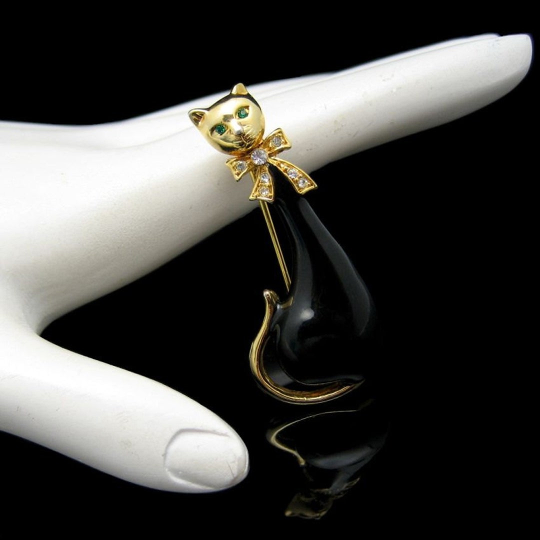 Vintage Siamese Cat Brooch Pin Mid Century Black Enamel Rhinestones ...