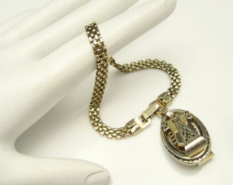 Vintage Mesh Bracelet Mid Century Engraved Charm Dangle Gold Plated Two Sided Unique