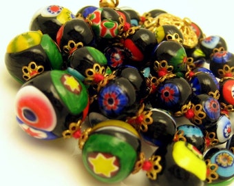 Vintage Venetian Millefiori Necklace Mid Century Art Glass Beads Black Multi Knotted Cane