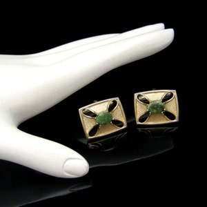 Vintage Mens Cufflinks Mid Century Jade Stones Goldtone Rectangles Cutouts Unique Design