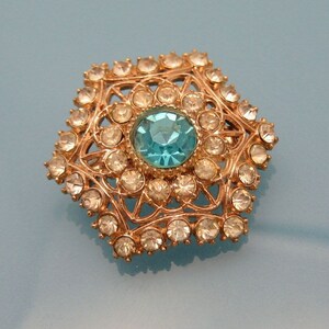 Vintage Rhinestone Snowflake Brooch Pin Mid Century Aqua Glass Pretty Hexagon image 4