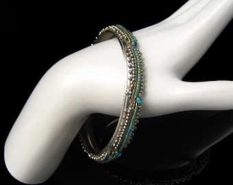 Vintage Bangle Bracelet Mid Century Aqua Rhinestones Green Glass Beads Silver Plated