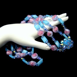 Vintage Givre glas kristal kralen ketting Mid Century 2 strengen Multi blauw roze Chunky