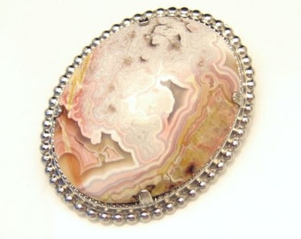 Mid Century Crazy Lace Agate Vintage Brooch Pin Natural Stone Large Cabochon