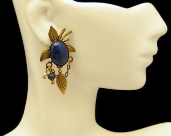 Vintage Dangle Earrings Southwest Faux Lapis Blue Glass Stones Feathers Chains