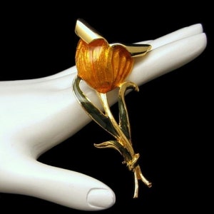 Vintage bloem broche speld Mid Century glazuur enorme helder geel goud oranje groen