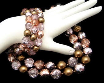 Vintage Glass Beads 2 Multi Strand Necklace 3 Strand Bracelet Set Pink Copper