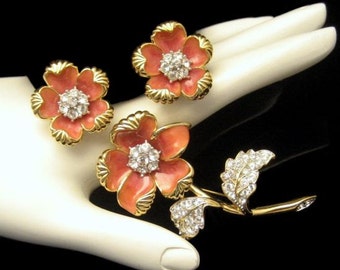 NOLAN MILLER Vintage Brooch Pin Earrings Coral Enamel Rhinestones Set Flowers Gorgeous