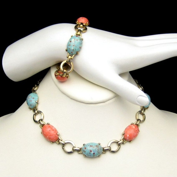 Items similar to Vintage Necklace Bracelet Set Mid Century Blue Orange
