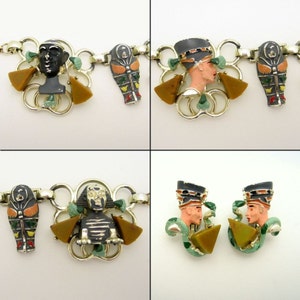 Rare Hobe Egyptian Enamel Bakelite Necklace Earrings Vintage Set Figural Mummy Sphinx Pharoah image 4