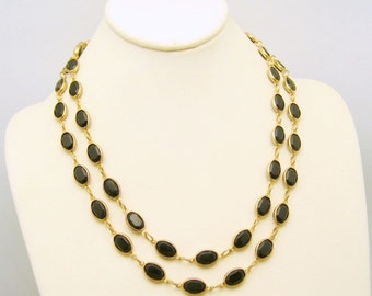 Vintage Necklace Mid Century Black Bezel Set Crystals Extra Long 41in Single Double Strand