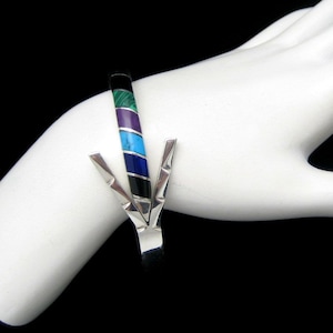 TAXCO MEXICO 925 Vintage Bangle Bracelet Mid Century Gemstones Sterling Silver Arrow Inlay Hinged