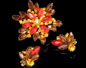 Vintage Brooch Pin Pendant Earrings Red Rhinestones Mid Century High End Prong Set