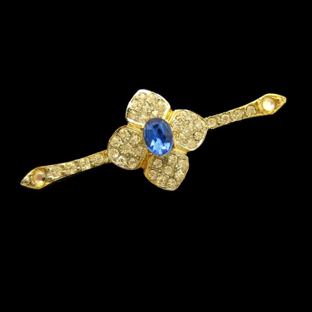 Vintage Bar Brooch Pin Mid Century Trefoil Blue Glass Rhinestone Large