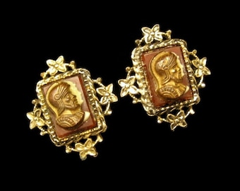 CORO Vintage Cameo Clip Earrings Mid Century Heraldic Knights Design