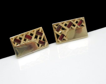 ANSON Vintage Mens Cuff Links Mid Century Red Baguette Rhinestones Goldtone Rectangles Cutout