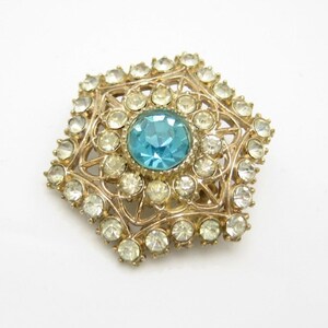 Vintage Rhinestone Snowflake Brooch Pin Mid Century Aqua Glass Pretty Hexagon image 3