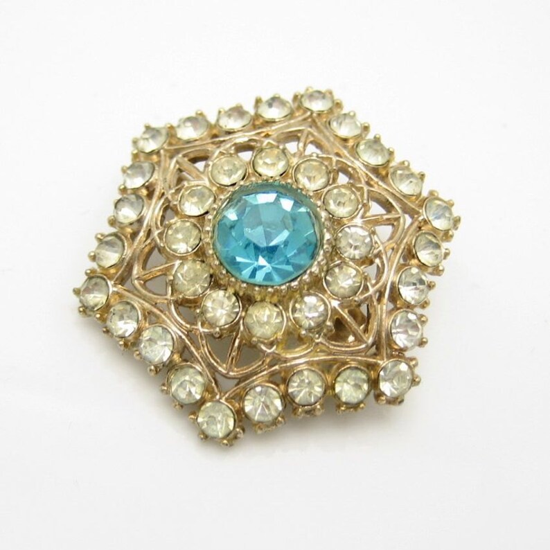 Vintage Rhinestone Snowflake Brooch Pin Mid Century Aqua Glass Pretty Hexagon image 3